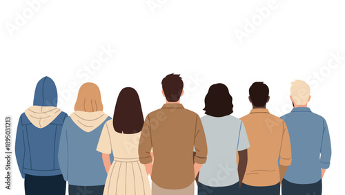 Diverse group of people standing together from behind in casual clothing