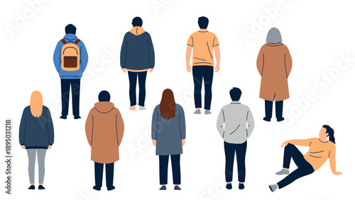 Diverse group of people in casual urban clothing, rear view