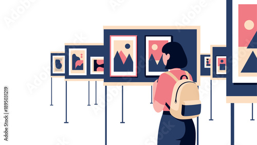 Art gallery visit: modern flat design of woman admiring contemporary paintings