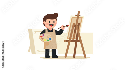 Cheerful artist painting on canvas in flat style