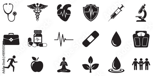 World Health Day vector elements vector icon black silhouette white background, Set bundle world health day silhouette medical symbols for treatment, editable silhouette,pro