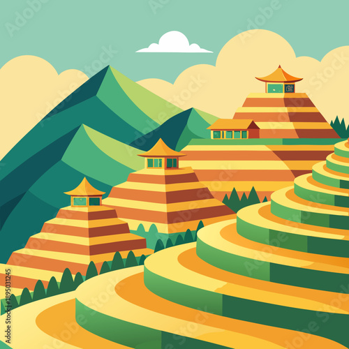 Chinese Terraced Hills with Traditional Architecture