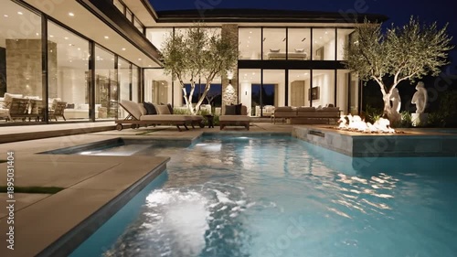 Wallpaper Mural Luxury modern villa with illuminated outdoor pool and fire pit at night featuring glass walls and stylish patio furniture Torontodigital.ca