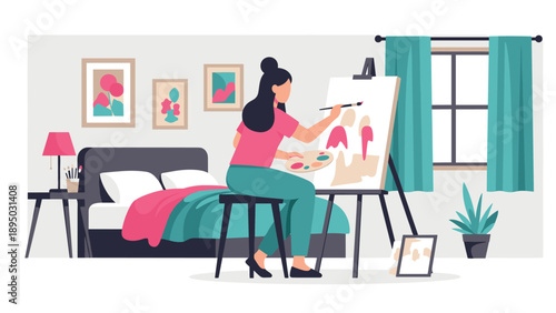 Woman painting in modern bedroom with vibrant colors and contemporary art decor