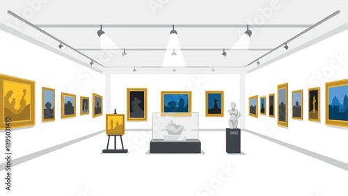Modern art gallery interior with framed paintings and sculptures in minimalist style