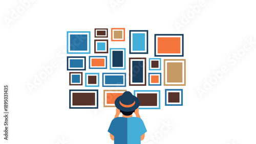 Art enthusiast observing colorful picture frames in modern display