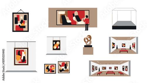 Contemporary art gallery display with abstract paintings and sculptures