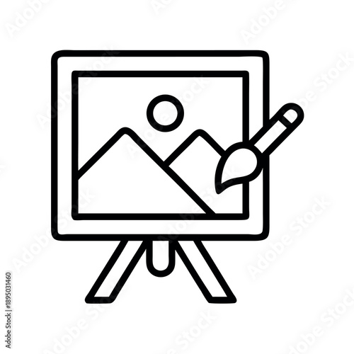 Line art icon of an easel holding a painting with mountains and sun, next to a paintbrush, representing art creation.