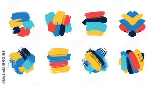 Colorful abstract brush stroke set in vibrant blue, red, and yellow palette