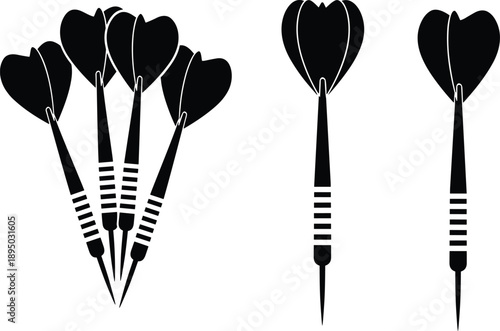 cad drawing flat vector illustration, dart arrows silhouette set, target sport equipment icons, black minimal design, game competition concept, graphic