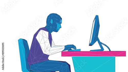 Geometric style man working at computer with modern design