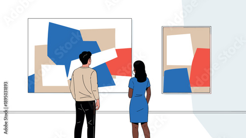 Art gallery visit scene with modern abstract paintings in contemporary style