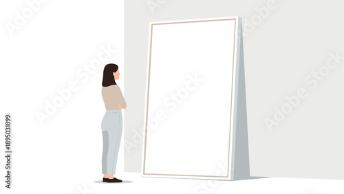 Woman reflecting in large minimalist mirror in flat style
