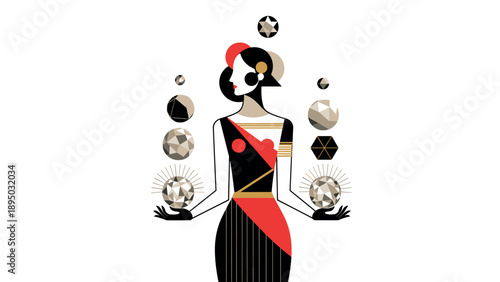 Art deco geometric woman in elegant dress with spheres and geometrical shapes