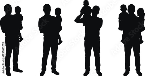 Father holding child silhouette collection, single dad parenting poses, fatherhood concept, family love, childcare, isolated illustration on white background design