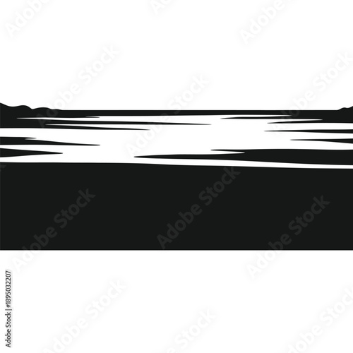 Silhouette of a Lake with Mountains, Black and White Minimalist Nature Scene, Calm and Tranquil Landscape, High Contrast