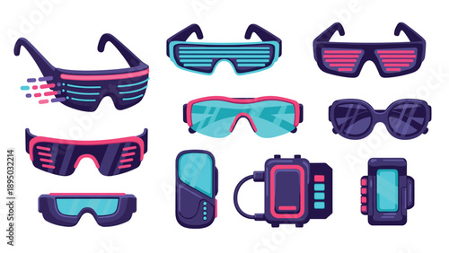 Futuristic sunglasses and gadgets collection in vibrant color palette
