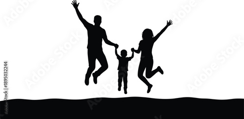 Happy family silhouette jumping together, parents and child celebrating joy, love, unity, freedom, minimal black vector illustration, design, concept, art