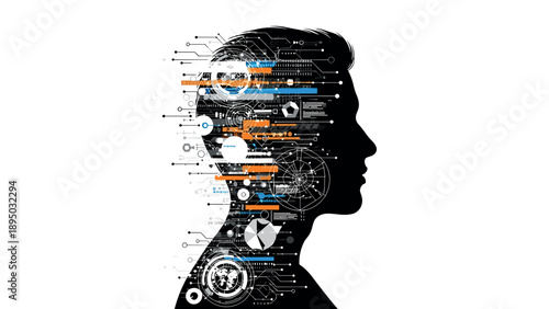 Silhouette profile with futuristic circuit and data elements
