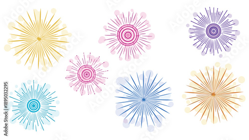 Colorful abstract firework bursts with circular patterns on white background