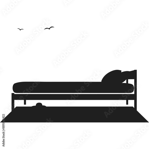 Silhouette of a Person Sleeping Peacefully on a Bed with Birds Flying Overhead, Serene Calm Atmosphere