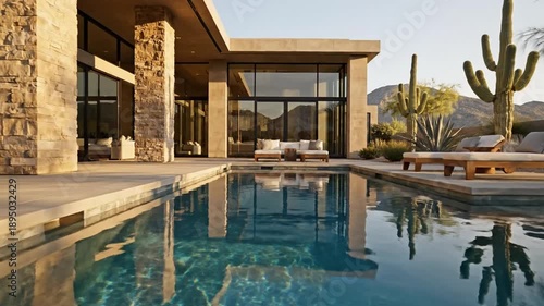 Modern desert home patio with stone columns, glass walls, swimming pool, lounge chairs, and saguaro cacti, perfect for luxury real estate or relaxation themes