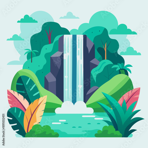 Serene Tropical Waterfall Landscape Illustration
