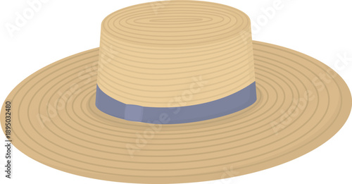 Summer straw hat with gray ribbon isolated on white background. Fashion beachwear accessory 