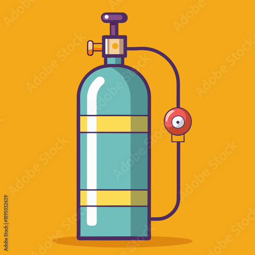 Teal oxygen cylinder with yellow bands and red gauge