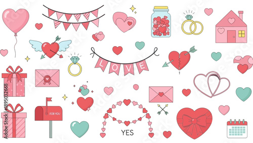 Assortment of romantic elements including hearts, gifts, and wedding symbols arranged in a festive illustration