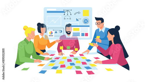 Collaborative team meeting with colorful sticky notes and data charts