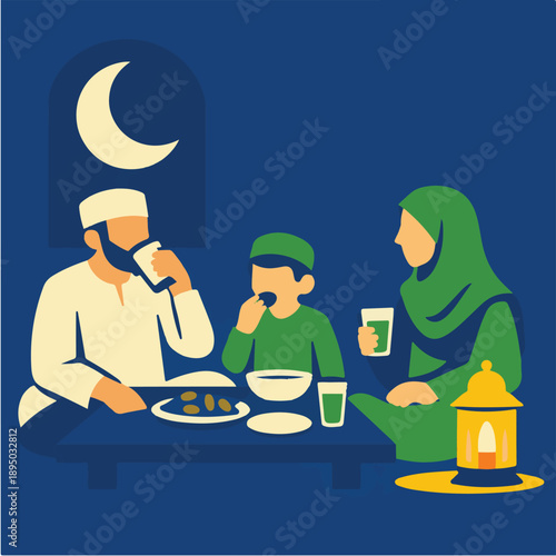 Muslim Family Eating Iftar Together At Night During Holy Ramadan