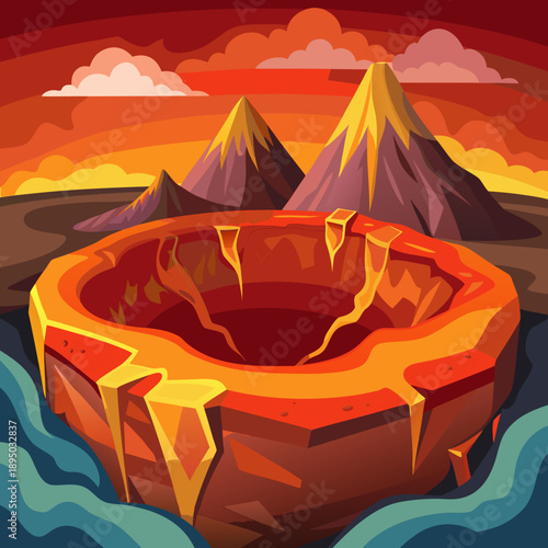 Volcanic Crater With Molten Lava and Distant Peaks