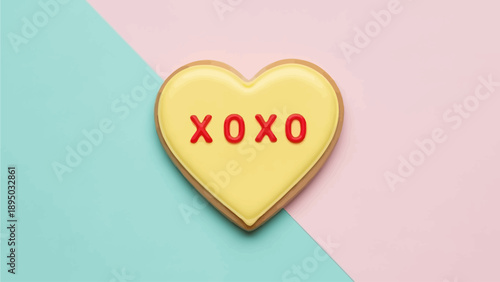 Golden heart-shaped cookie with XOXO lettering on pastel background