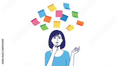 Woman contemplating with floating colorful notes on white background
