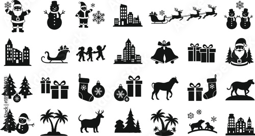 Christmas and winter silhouette icons, Santa, snowman, reindeer, sleigh, children, gifts, trees, animals, festive holiday design, black vector illustration, isolated background