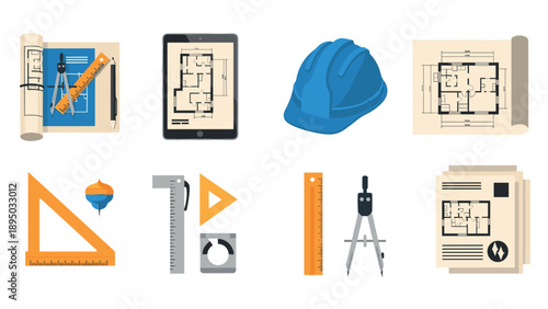 Architecture and construction tools with blueprints and devices in flat design