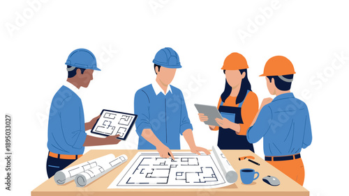 Architectural team at work collaborating on building plans with digital tools