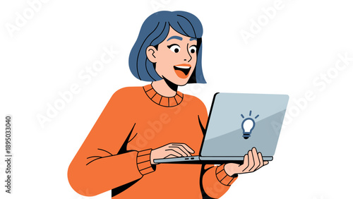 Excited woman with laptop and idea symbol in modern cartoon design
