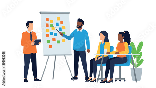 Diverse team brainstorming in modern office meeting with flipchart and laptops