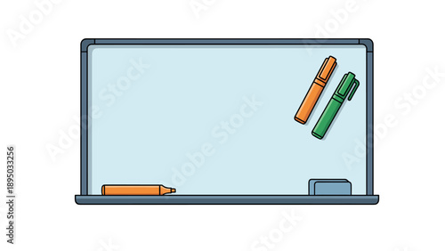 Whiteboard with colorful markers and eraser in outline style