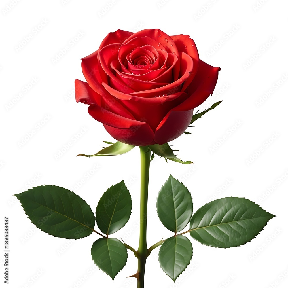 Fototapeta premium Single red rose with green leaves isolated on white background