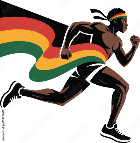A runner silhouetted against a flag and text celebrating black history month