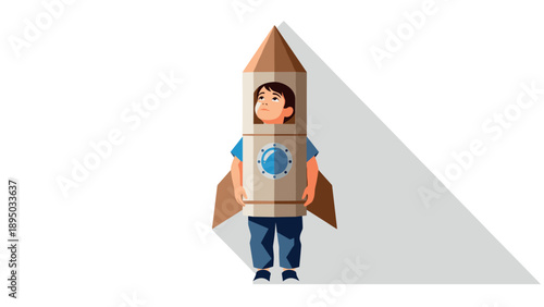 Child in homemade rocket costume with long shadow on white background