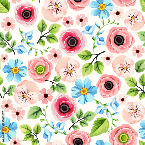 Seamless floral pattern with pink and blue flowers and green leaves. Vector seamless floral print