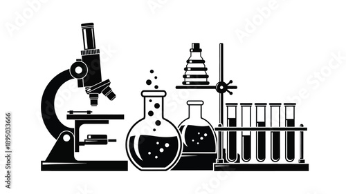 laboratory equipment illustration featuring a microscope beaker and test tubes silhouette