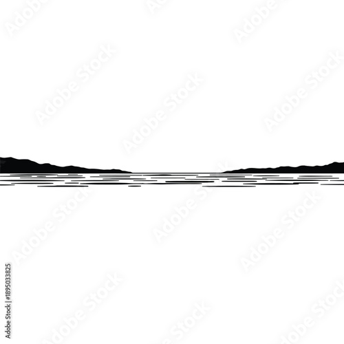 Silhouette of Mountains and Sea - Minimalist Black and White Illustration of Serene Landscape