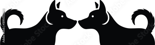 Two symmetrical dogs facing each other, black silhouette design, curled tails and pointed ears, stylized pet illustration, vector animal art, isolated on white background