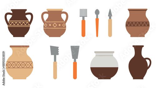 Flat style pottery tools and vases collection for craft enthusiasts
