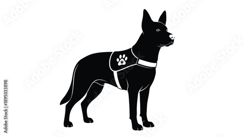 a striking black silhouette of a german shepherd dog with a paw emblem